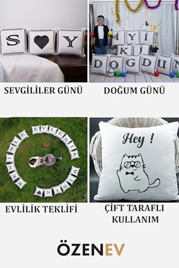 Pltnstoreshop Harfli̇ Kırlent Kılıfı Kadi̇fe 43X43 Cm Çi̇ft Taraflı Ile Ve Sembolü Kedi̇ Desenli̇ Evli̇li̇k