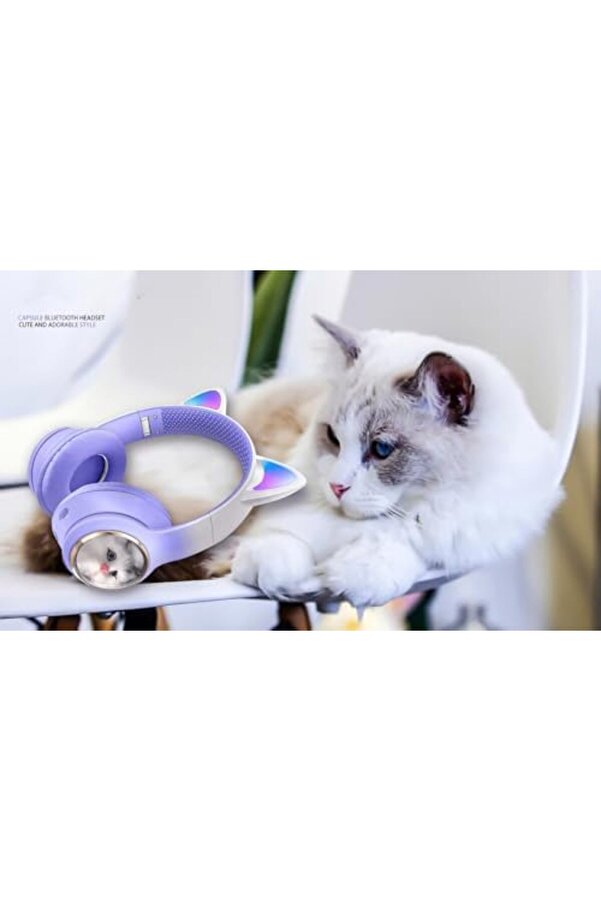 Kulaklık Peluş Kedi̇ Tasarımlı Kulakları Işıklı Kablosuz Şık Ve Canlı Renkli̇ Kulak Üstü Kulaklık Ve İ