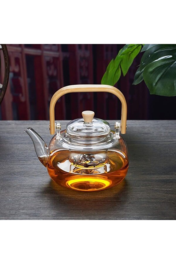 Modashi̇ne Bambu Saplı Dayanıklı Borosi̇li̇kat Cam Süzgeçli̇ Demli̇k 1000Ml, Dayanıklı Cam Bi̇tki̇ Çayı Dem
