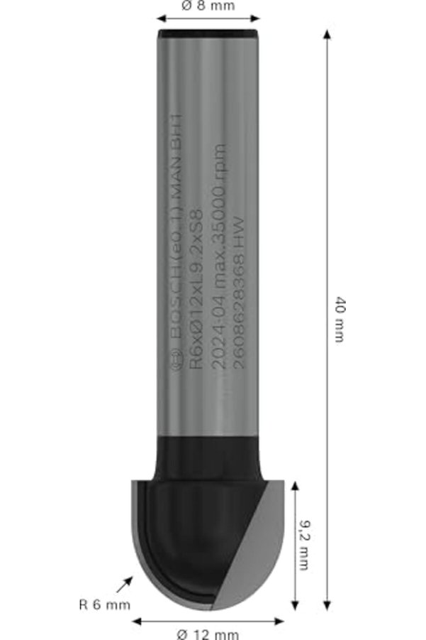 Pltnstoreshop 2 608 Aksesuarı 628 368 Oyuklu Freze Ç 8 Mm, R1 6 Mm, D 12 Mm, U 9,5 Mm, G 40 Mm Pltns