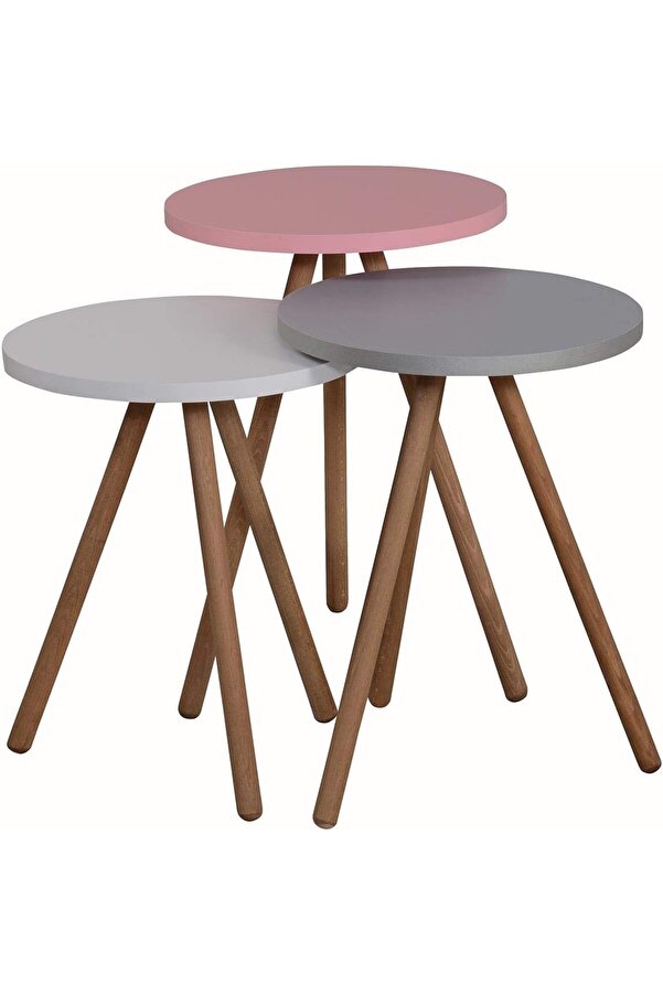 Renkli̇ Üçlü Zi̇gon Sehpa Ahşap Ayaklı Yuvarlak Pastel Tasarım Pembe Beyaz Gri̇ 1014773