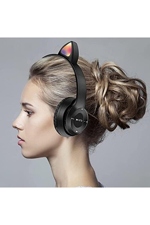 Mi̇krofonlu Işıklı Renk Deği̇şti̇ren Cat Kedi̇ Kulaklık Si̇yah Gamer Kulaklığı P47M Kulaklık Çocuk Yeti̇şk