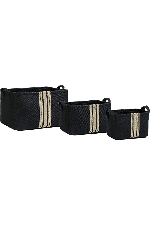 Texti̇le 3 Lü Çi̇zgi̇li̇ Si̇yah Renk Jüt Sepet Set 24 X 17 X 14/30 X 21 X 18/42 X 31 X 25 Cm 101477