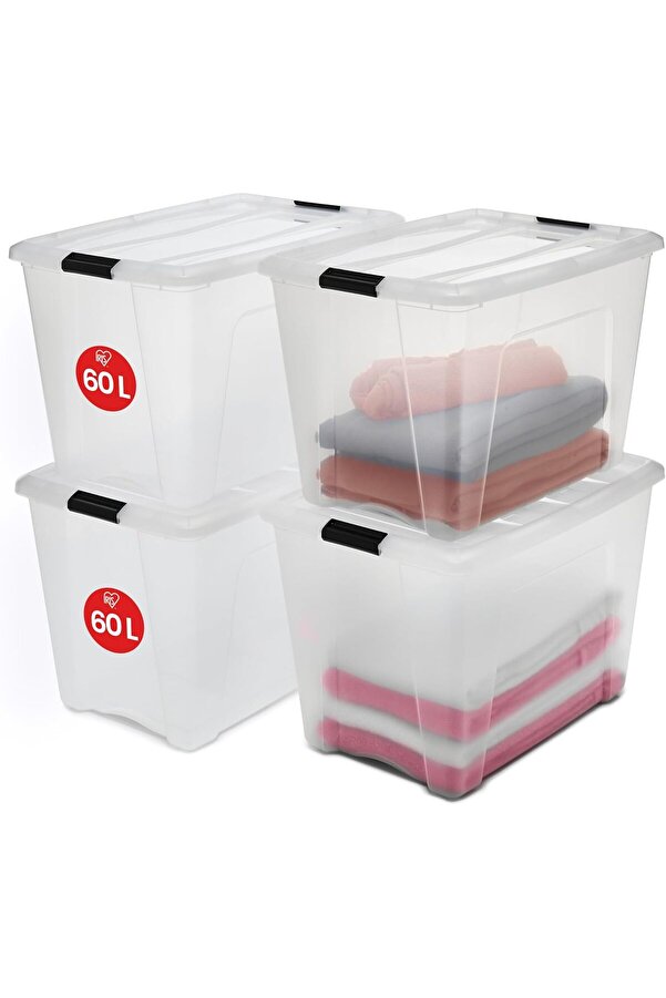 Ohyama Kapaklı Saklama Kutuları, 60L, 4 Lü Set, Şeffaf, Güvenli̇ Tokalar, İsti̇flenebi̇li̇r, Çekme