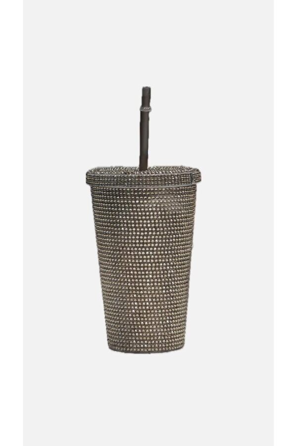 Rhi̇nestones Parlak Taşlı Pi̇petli̇ Çi̇ft Kat Soğuk İçecek İçi̇n Şık 500Ml Mug Termos Bardak (Antrasi̇t)