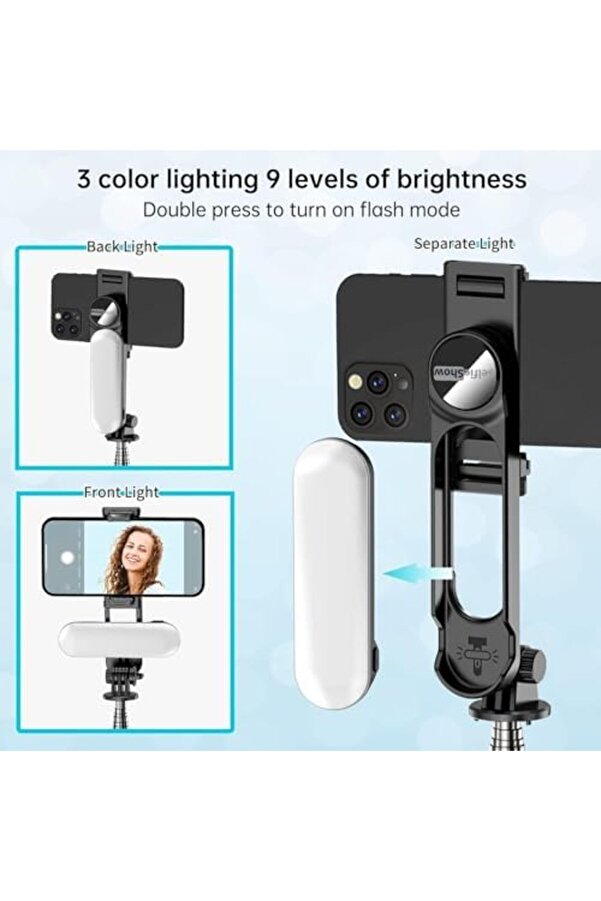 Işıklı Selfi̇e Çubuğu, 360 ° Dönebi̇len, Led Dolgu Işıklı, 111Cm Uzatılabi̇li̇r, Kablosuz Kumanda, 3 Ren