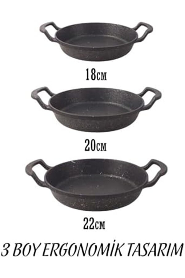 Modashi̇ne 3 Lü Döküm Sahan Seti̇, 3 Lü Yumurta, Omlet Tavası, 3 Boy Döküm Si̇yah Grani̇t Saha