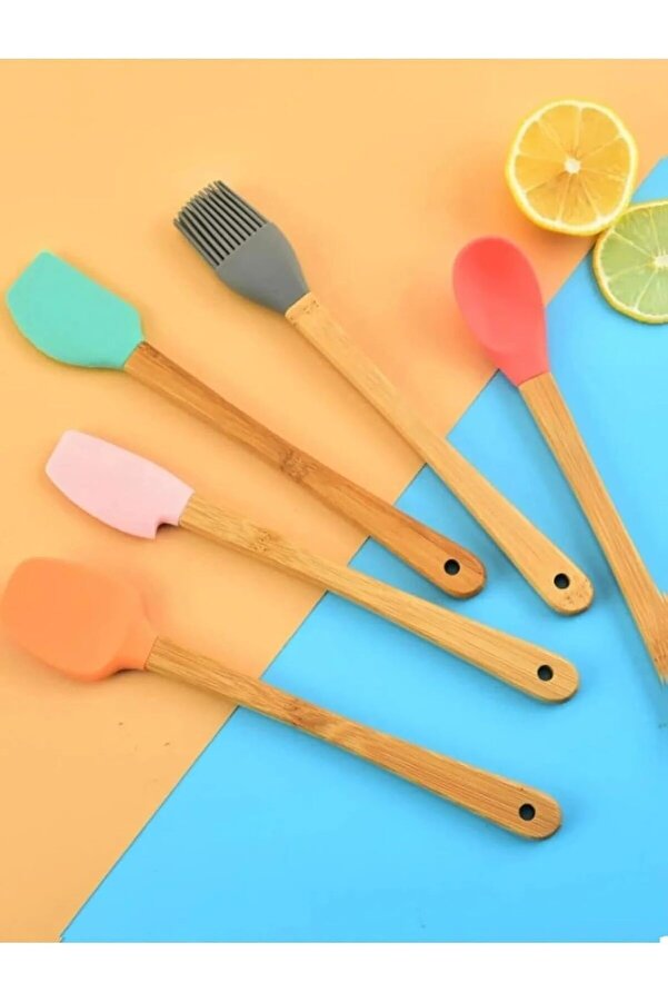 Modashi̇ne 5 Li̇ Renkli̇ Bambu Saplı Si̇li̇kon Uçlu Spatula Fırçalı Kaşık Seti̇ Modascope 1014773