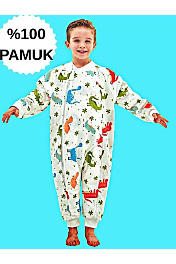 Happystore Elyafsız Organik Kışlık Uzun Kol Çift Kat %100 Pamuk Pazen Dinozorlu Cocuk Bebek Uyku Tulumu