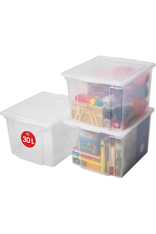 Ohyama Çok Yönlü Saklama Kutuları, 30L, 3 Lü Set, Şeffaf, Mandal, İsti̇flenebi̇li̇r, Şeffaf Plasti̇
