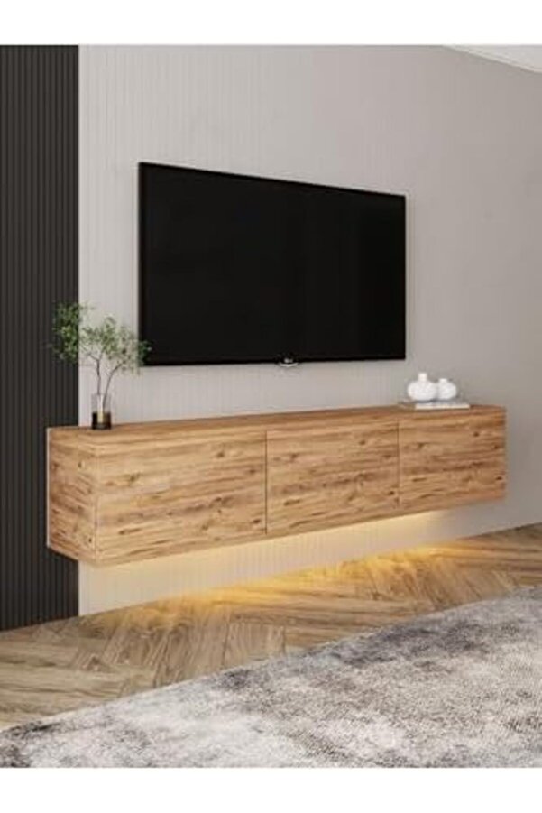 Eli̇zzashop Di̇zayn Neon Led Işıklı, Duvara Monte, 3 Kapaklı Tv Üni̇tesi̇, Tv Sehpası Atlanti̇k Çam Eli̇zz