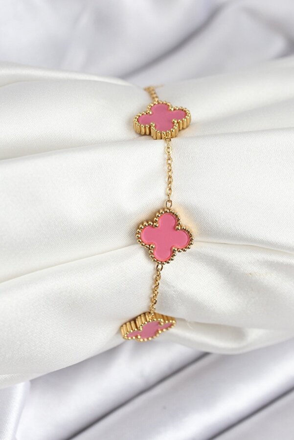 Tj 316L Çeli̇k Gold Zi̇nci̇r Pembe Yonca Renk Bi̇lekli̇k Tj-Bb7908