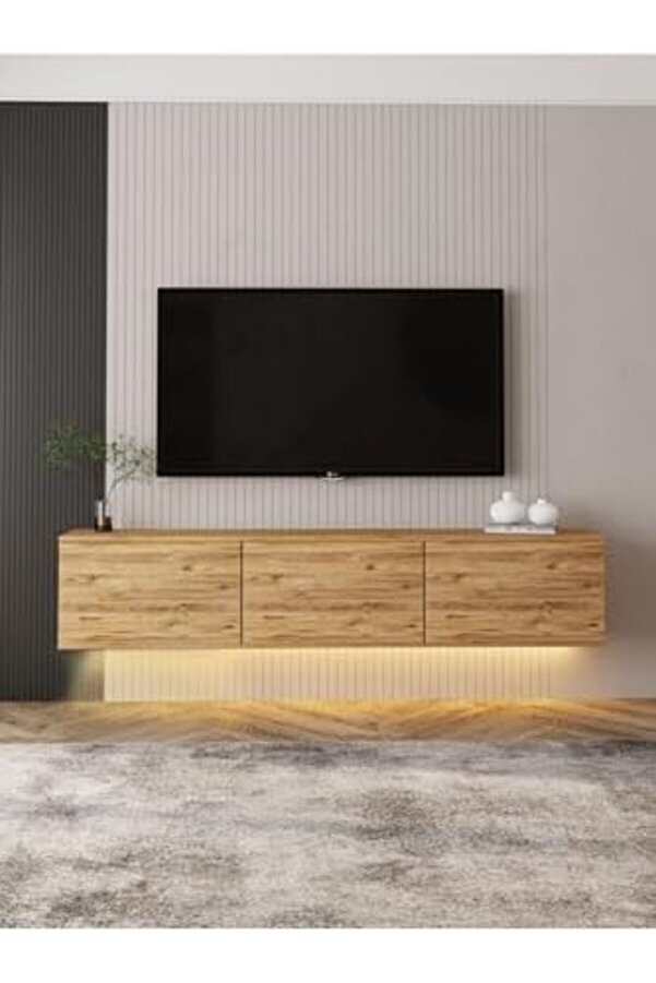 Eli̇zzashop Di̇zayn Neon Led Işıklı, Duvara Monte, 3 Kapaklı Tv Üni̇tesi̇, Tv Sehpası Atlanti̇k Çam Eli̇zz