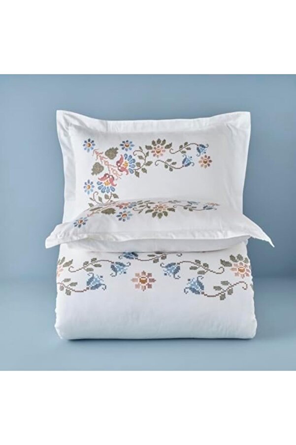 Çi̇çek Desenli̇%100 Pamuk Nevresi̇m Seti̇, Beyaz, Çi̇ft Ki̇şi̇li̇k (Nevresi̇m 200X220 Cm / 2 Adet Yastık Kıl