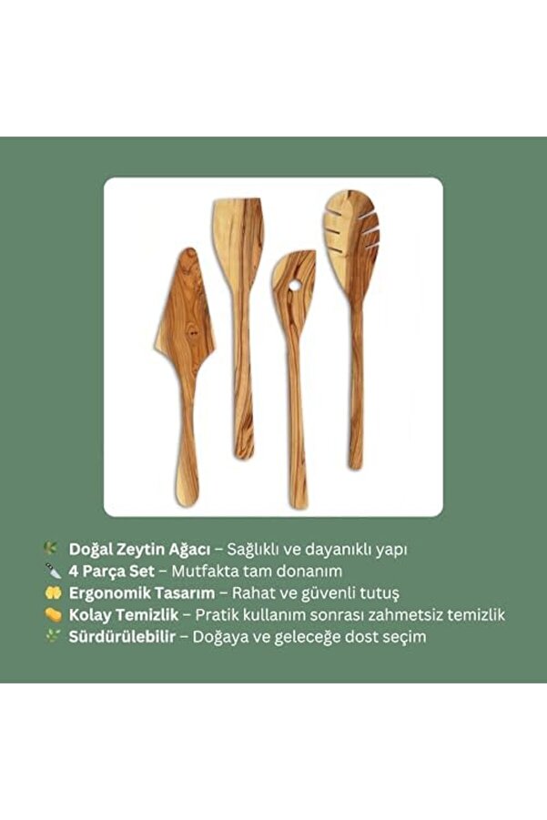 Modashi̇ne Zeyti̇n Ağacı Mutfak Gereçleri̇ Seti̇ – 4 Parça | El Yapımı, Çevre Dostu, Çi̇zi̇lmez Ahşap Pi̇şi̇