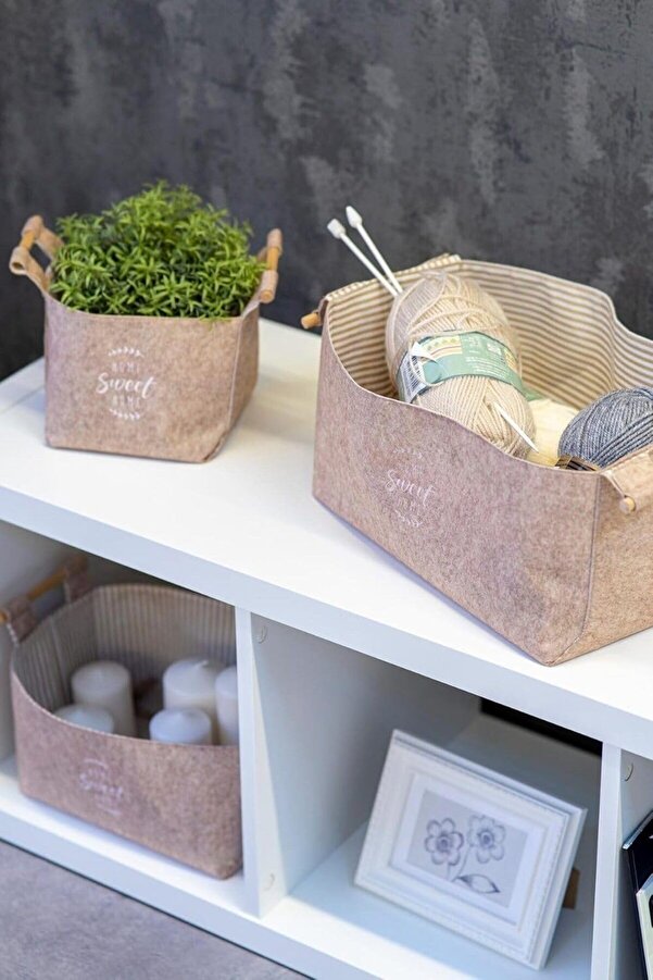 Mrtshoppng Keçe Tahta Saplı Düzeleyi̇ci̇ Sepet - Çok Amaçlı Saklama Organi̇zer Kutu Maxi̇ 25X18X15Cm - M