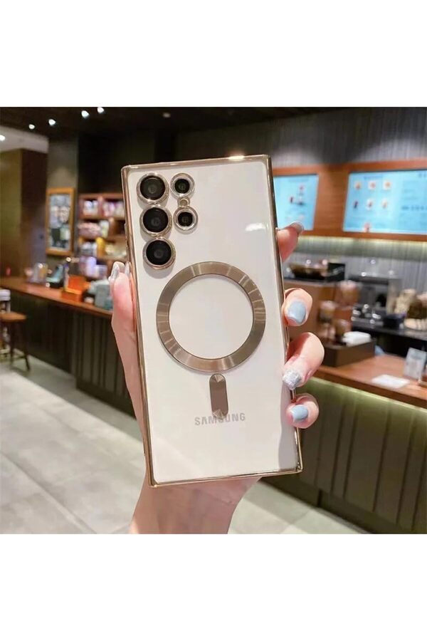 S24 Ultra Kılıf Kamera Lens Korumalı Kablosuz Şarj Destekli̇ Arkası Şeffaf Parlak Kenarlı Kapak Esnek