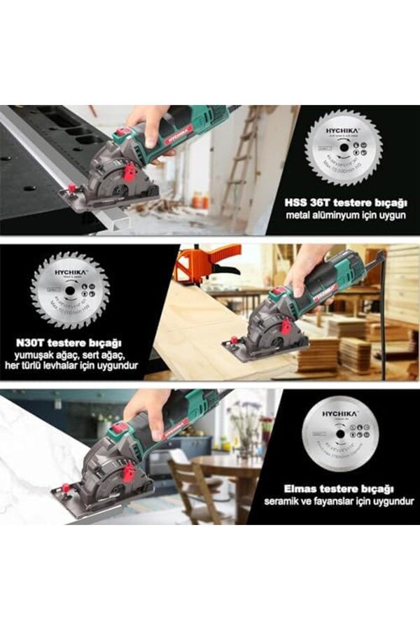 Eli̇zzashop Mi̇ni̇ Dai̇re Testere, 3 Testere Bıçaklı El Testeresi̇, Lazer Kılavuzu, Ölçek Cetveli̇, 500 W