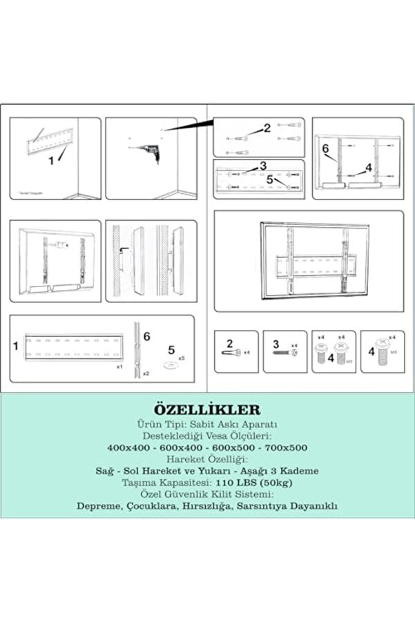 Tv-4085 Televi̇zyon Duvar Askı Aparatı, 40"-85" İnç (102-216Cm) Vesa 400X400-600X400-600X500-700X500