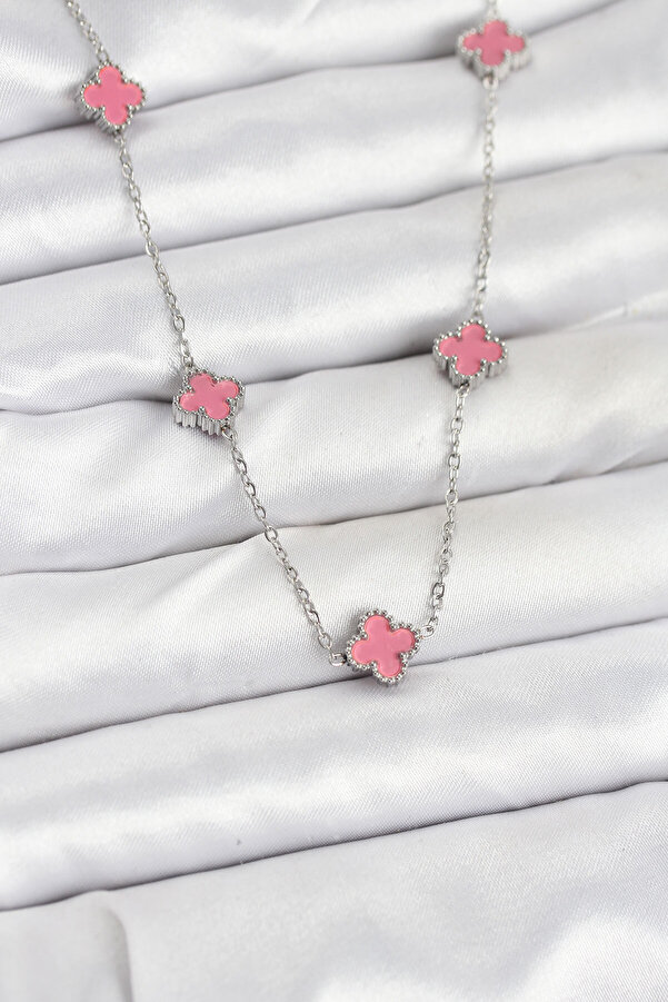 Tj 316L Çeli̇k Zi̇nci̇r Gümüş Renk Pembe Baby Boy Yonca Kadın Kolye Tj-Bko10575