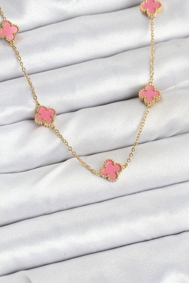 Tj 316L Çeli̇k Zi̇nci̇r Gold Renk Pembe Baby Boy Yonca Kadın Kolye Tj-Bko10572