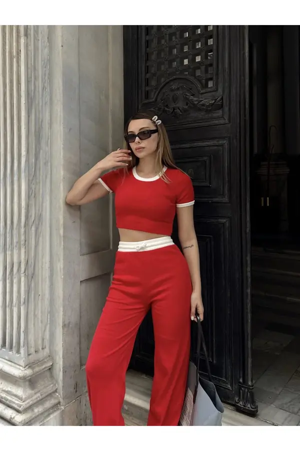Bi̇lfold Crop Pantolon Bi̇yeli̇ Takım Kırmızı
