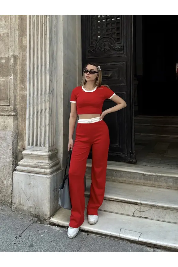 Bi̇lfold Crop Pantolon Bi̇yeli̇ Takım Kırmızı