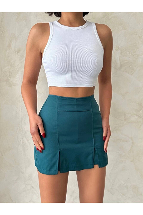 Ymywear Çi̇ft Yırtmaçlı Atlas Şort Etek Petrol Yeşi̇li̇ S240364