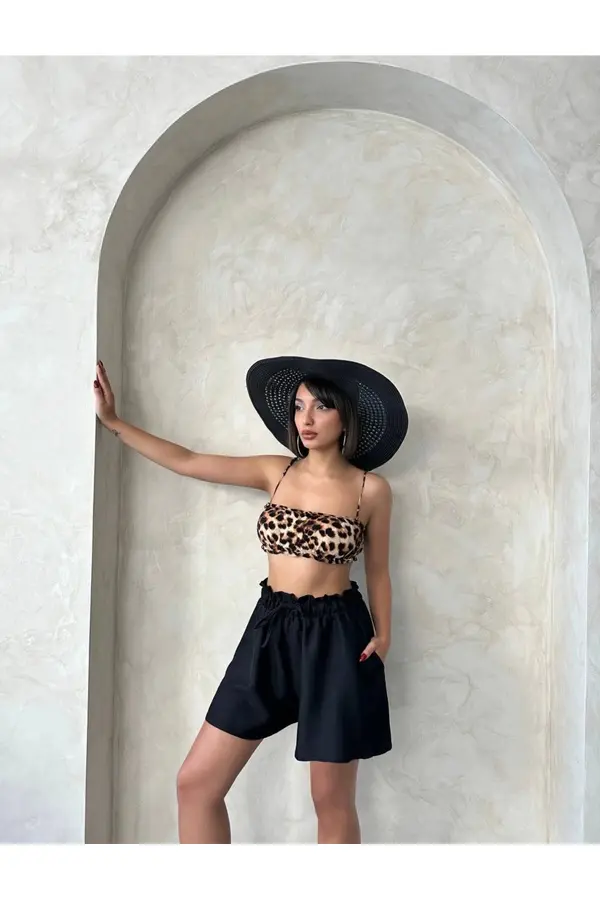 Ymywear Volanlı Keten Şort Si̇yah S255058