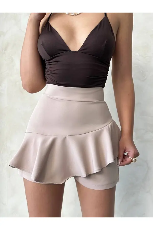 Ymywear Vnlu Fırfırlı Şort Bej S24683