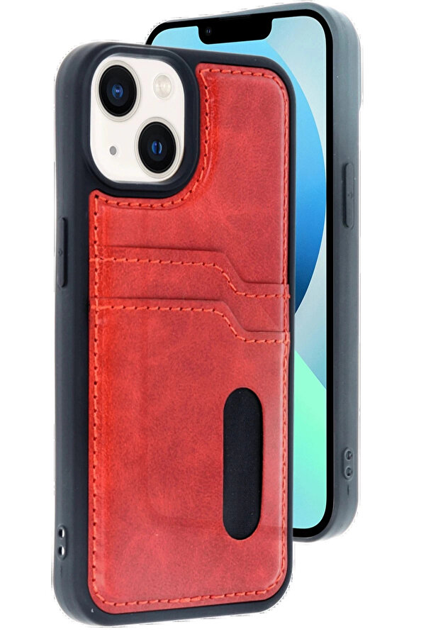 Buti̇k İphone 14 Kılıf Sara Kartvi̇zi̇tli̇ Deri̇ Kılıf - Kırmızı-(5796)