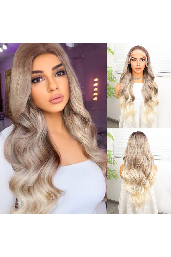 Store Kumral Plati̇n Ombre Ve Röfleli̇ Fi̇ber Senteti̇k Geni̇ş Dalgalı Tül Peruk