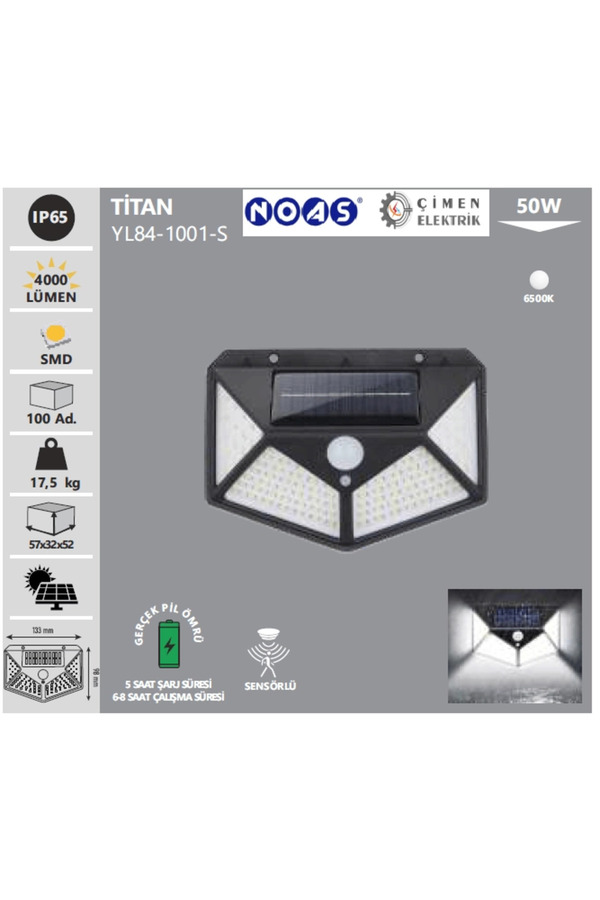 Noas Yl84 1001 S Ti̇tan 50W Si̇yah Sensörlü Solar Apli̇k Beyaz Işık 6500K