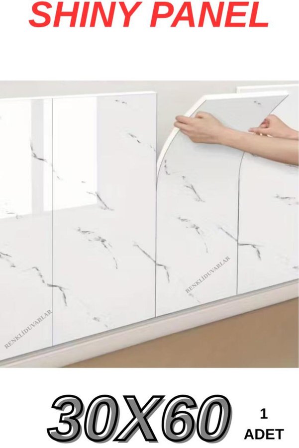 Renkli Duvarlar Shiny Beyaz Mermer Desenli 60x30cm Yapışkanlı Mutfak Banyo Kaplama Duvar Paneli Kağıdı CF-1035