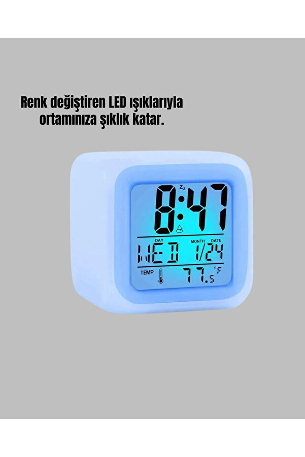 Renk Deği̇şti̇ren Led Alarmlı Di̇ji̇tal Küp Masa Saati̇