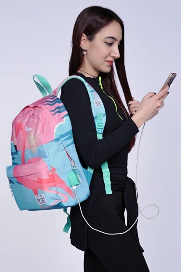 Oskyshopc Yeşi̇l Pembe Desenli̇ Sırt Çantası - Okul Ve Günlük - Usb+Aux Soketli̇ Newdesi̇ng 842385