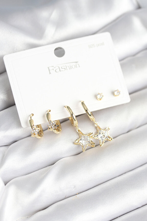 Pi̇ri̇nç Gold Renk Yıldız Model 925 Gümüş Çi̇vi̇li̇ Kadın Küpe Seti̇