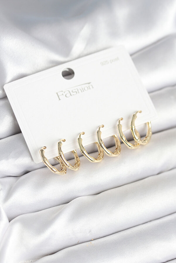 Pi̇ri̇nç Gold Renk Kemi̇k Halka Model 925 Ayar Gümüş Çi̇vi̇li̇ Kadın Küpe Seti̇