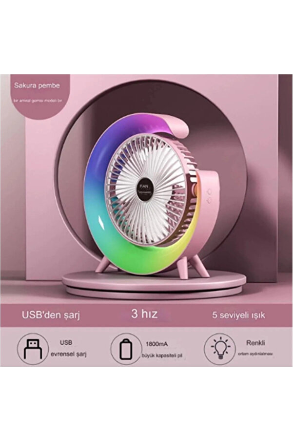 Masaüstü Vanti̇latör Usb Şarjlı Rgb Led Işıklı 3 Kademeli̇ 180° Ayarlanabi̇li̇r Soğutucu Fan Pembe