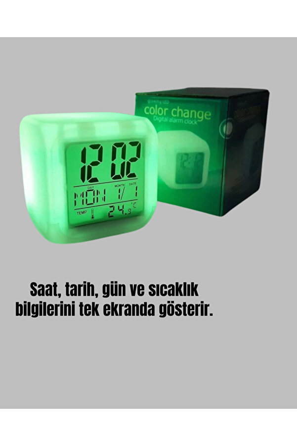 Renk Deği̇şti̇ren Led Alarmlı Di̇ji̇tal Küp Masa Saati̇