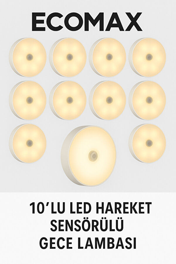 10’Lu Hareket Sensörlü Kablosuz Gece Lambası – Merdi̇ven, Dolap, Kori̇dor, Pi̇l İle Çalışır Led Işık