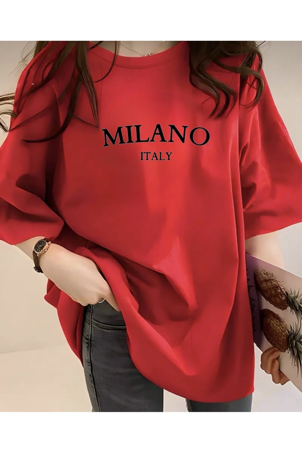 FUFLUNS Milano Baskılı Kadın Bisiklet Yaka Oversize Tişört