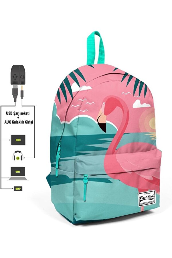 Oskyshopc Yeşi̇l Pembe Desenli̇ Sırt Çantası - Okul Ve Günlük - Usb+Aux Soketli̇ Newdesi̇ng 842385