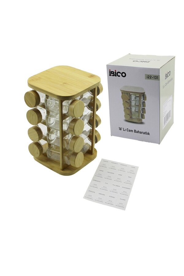 Go İthalat 16Pcs Kare - Döner Standlı Cam - Bambu Kapak Tuzluk - Baharatlık Bambu Stand (5258)
