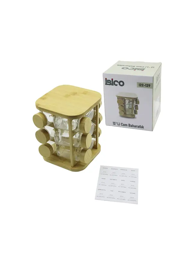 Go İthalat 12Pcs Kare Döner Standlı Cam - Bambu Kapak Tuzluk - Baharatlık Bambu Stand (5258)