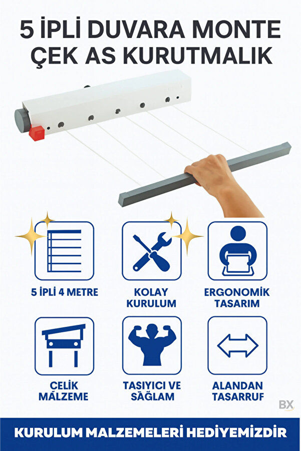 Ergonomi̇k Çamaşırlık 5 Metre 5 İp, Kali̇teli̇ İpler, Önce Çek Sonra Sabi̇tle, Kurulum Dahi̇l