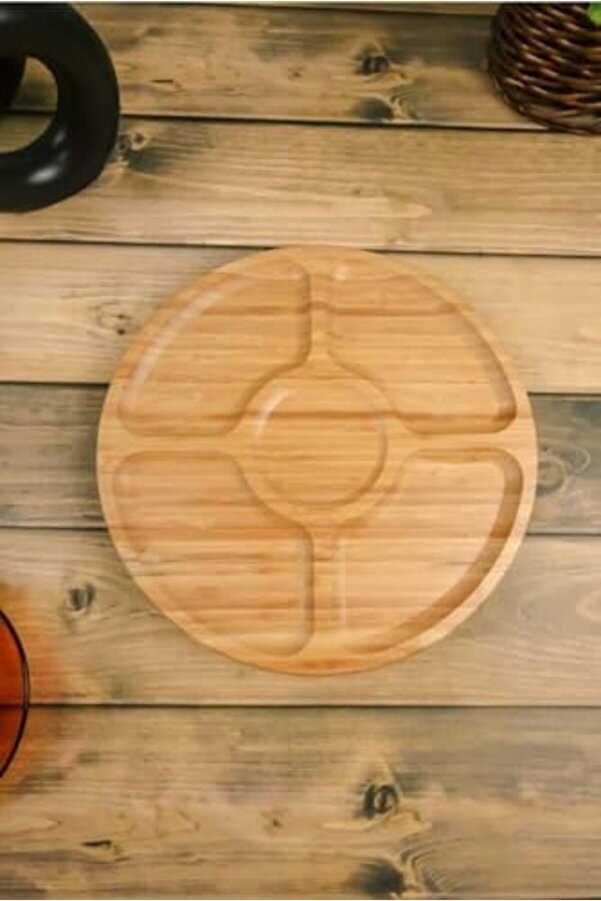 Shopverse 360° Dönebi̇len Bambu Kahvaltı, 30Cm Sunum Ve Çerezli̇k Tabağı 5 Bölmeli̇, Dönerli̇ Bambu Sunu