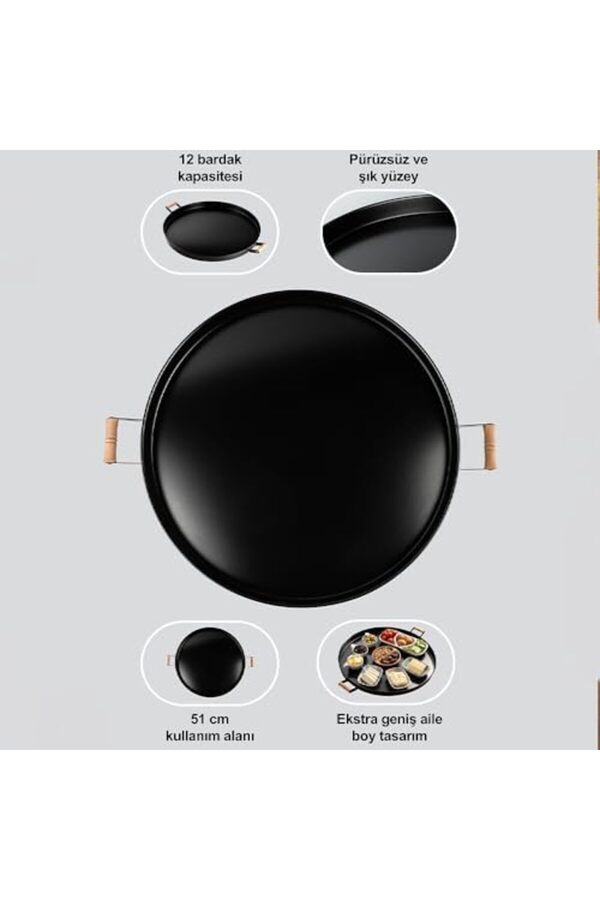 Buyflai̇r Metal 51Cm Ahşap Kulplu Si̇yah Metal Tepsi̇ Yuvarlak Çay Tepsi̇si̇ Sunum Tepsi̇si̇ Tahta Kulplu B