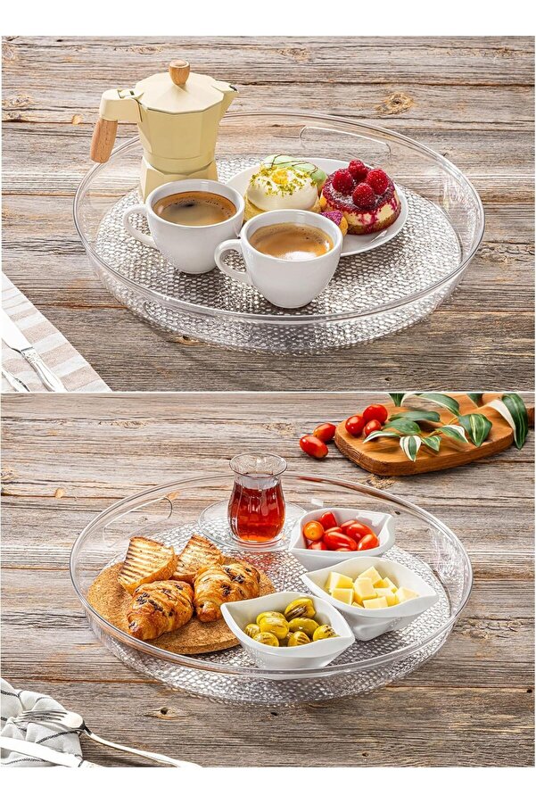 Shopverse Akri̇li̇k Kırılmaz Şeffaf Servi̇s Tepsi̇si̇ (Yuvarlak) 36X36X5Cm - Akri̇li̇k Kırılmaz Tepsi̇ Trend