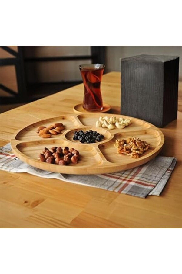 Shopverse 360° Dönebi̇len Bambu Kahvaltı, 30Cm Sunum Ve Çerezli̇k Tabağı 5 Bölmeli̇, Dönerli̇ Bambu Sunu